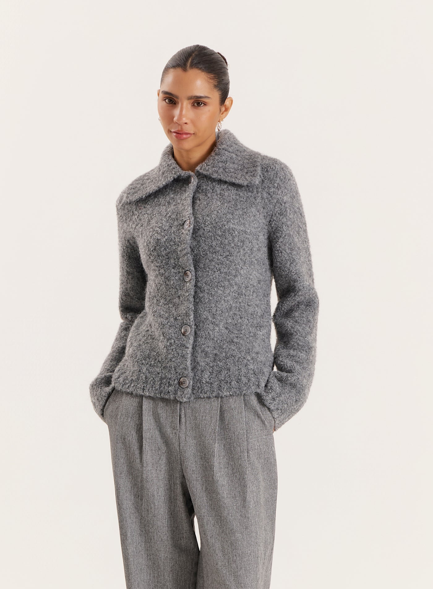Dark Grey Knitted Collared Cardigan